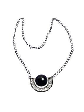 MS Signed Gunmetal Chain Half Circle Necklace Black Plastic Cabochon